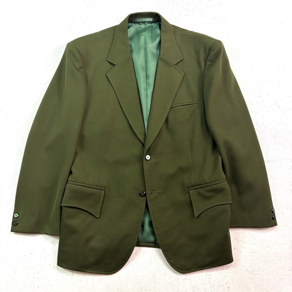vtg 70s Bespoke 42R Green Knit Polyester Blazer Jacket Sport Suit Coat Retro